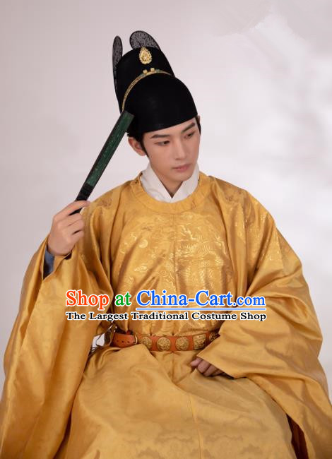 Traditional Chinese Hanfu Golden Silk Imperial Robe Ancient Ming Dynasty Emperor Historical Costumes for Men