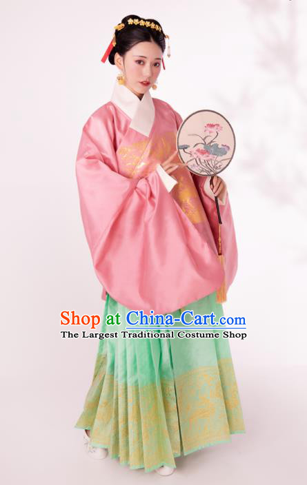 Traditional Chinese Ming Dynasty Royal Infanta Pink Blouse and Green Skirt Ancient Nobility Lady Historical Costumes for Women