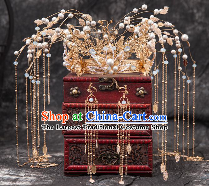 Traditional Chinese Handmade Hairpins Golden Lotus Phoenix Coronet Ancient Bride Hair Accessories for Women