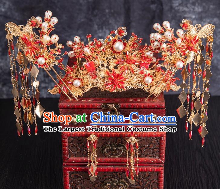 Traditional Chinese Handmade Hairpins Red Flowers Phoenix Coronet Ancient Bride Hair Accessories for Women