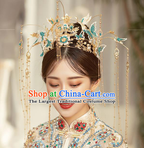 Traditional Chinese Handmade Blue Butterfly Crane Crown Hairpins Ancient Bride Hair Accessories for Women