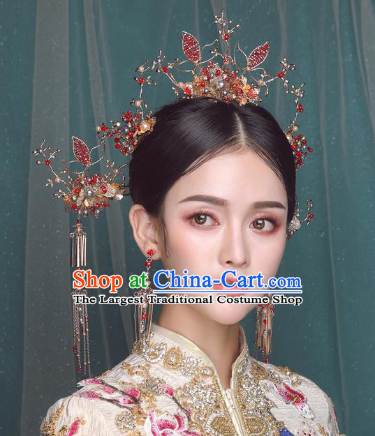Traditional Chinese Wedding Red Beads Leaf Phoenix Coronet Hairpins Handmade Ancient Bride Hair Accessories for Women