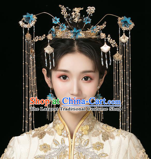 Traditional Chinese Wedding Blue Flowers Phoenix Coronet Hairpins Handmade Ancient Bride Hair Accessories for Women