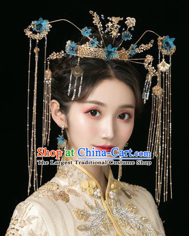 Traditional Chinese Wedding Blue Flowers Phoenix Coronet Hairpins Handmade Ancient Bride Hair Accessories for Women
