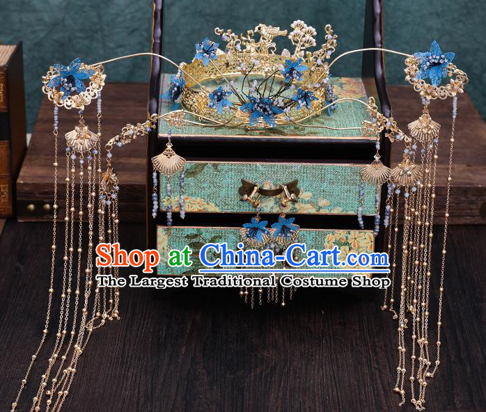 Traditional Chinese Wedding Blue Flowers Phoenix Coronet Hairpins Handmade Ancient Bride Hair Accessories for Women