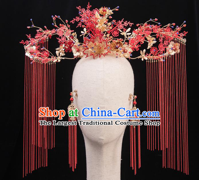 Traditional Chinese Handmade Red Crown Chaplet Hairpins Ancient Bride Hair Accessories for Women