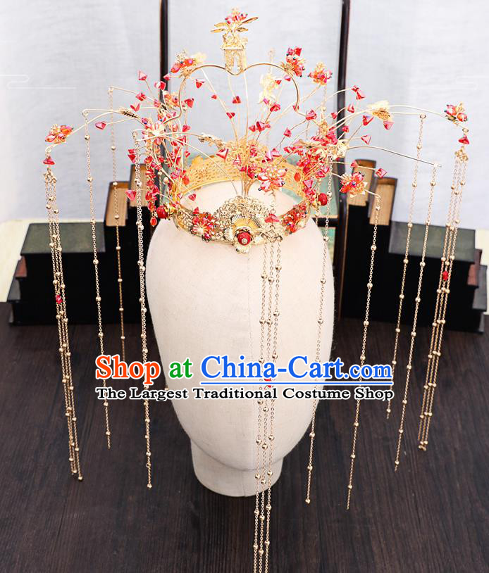 Traditional Chinese Wedding Red Beads Phoenix Coronet Hairpins Handmade Ancient Bride Hair Accessories for Women