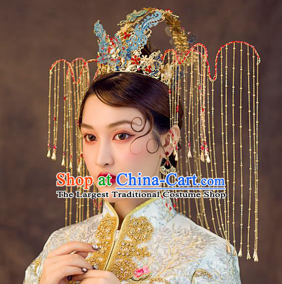 Traditional Chinese Wedding Blue Phoenix Coronet Hairpins Handmade Ancient Bride Hair Accessories for Women