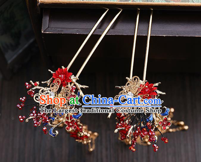 Traditional Chinese Wedding Red Flowers Hair Comb Hairpins Handmade Ancient Bride Hair Accessories for Women