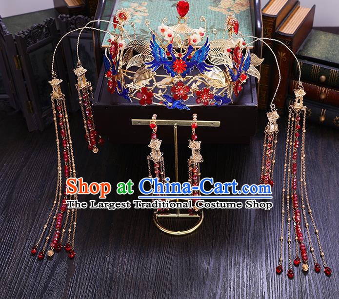 Traditional Chinese Wedding Blueing Crane Phoenix Coronet Hairpins Handmade Ancient Bride Hair Accessories for Women