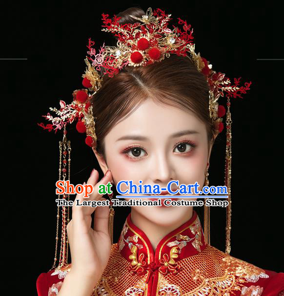Traditional Chinese Handmade Red Hair Crown Chaplet Hairpins Ancient Bride Hair Accessories for Women
