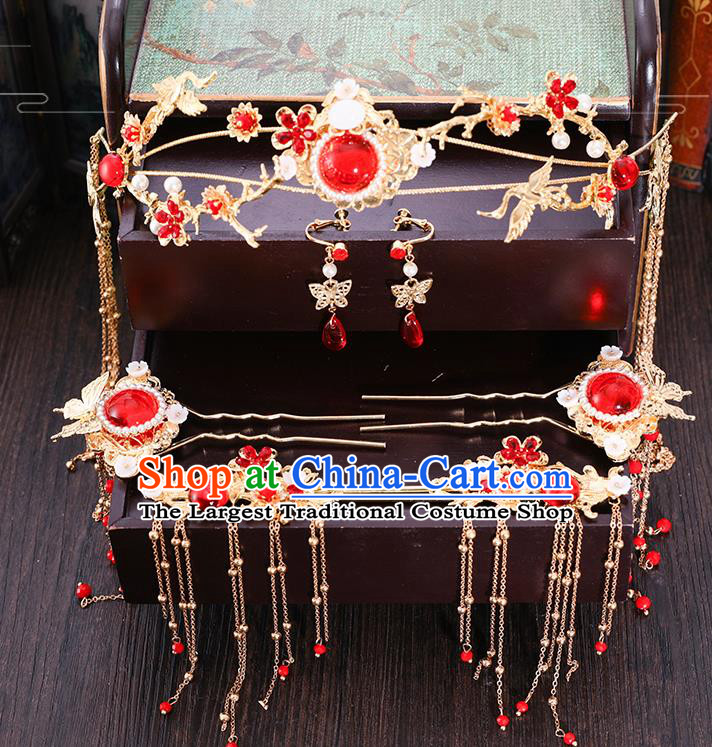 Traditional Chinese Wedding Red Crystal Hair Clasp Hairpins Handmade Ancient Bride Hair Accessories for Women