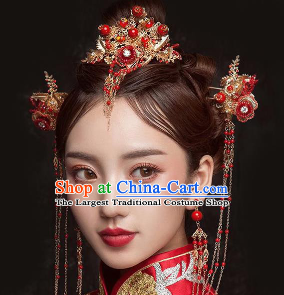 Traditional Chinese Wedding Red Beads Hair Comb Tassel Hairpins Handmade Ancient Bride Hair Accessories for Women