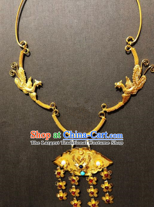 Chinese Traditional Tang Dynasty Golden Phoenix Necklace Handmade Ancient Princess Necklet Accessories for Women