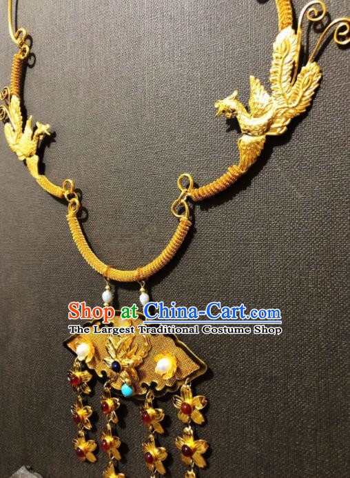 Chinese Traditional Tang Dynasty Golden Phoenix Necklace Handmade Ancient Princess Necklet Accessories for Women