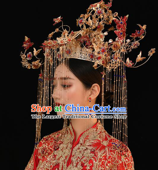 Traditional Chinese Handmade Red Butterfly Chaplet Hair Crown Hairpins Ancient Bride Hair Accessories for Women