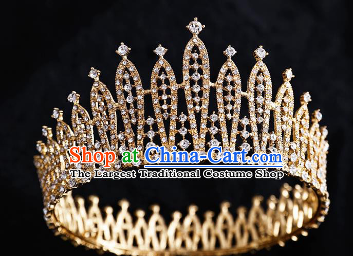Top Handmade Wedding Bride Crystal Golden Round Royal Crown Baroque Princess Hair Accessories for Women
