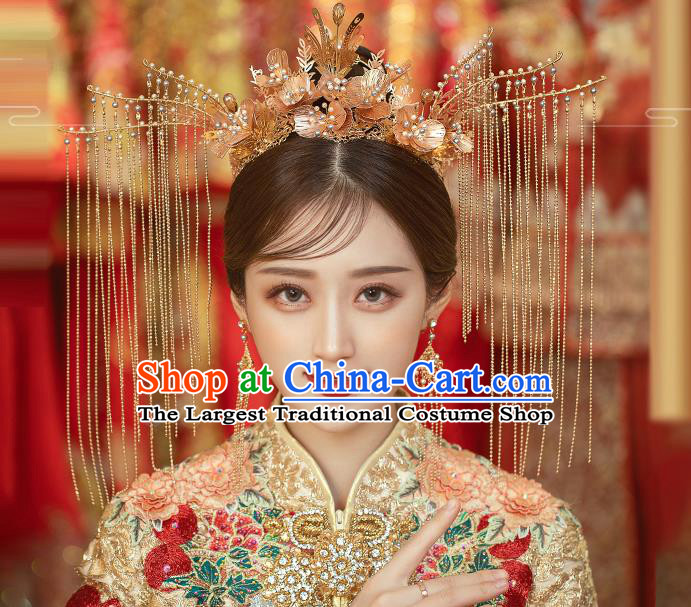 Traditional Chinese Handmade Golden Tassel Phoenix Crown Hairpins Ancient Bride Hair Accessories for Women