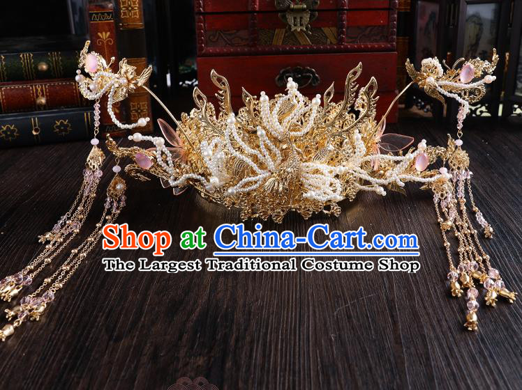 Traditional Handmade Chinese Wedding Beads Phoenix Hair Comb Hairpins Ancient Bride Hair Accessories for Women