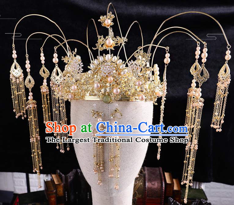 Traditional Handmade Chinese Wedding Pearls Phoenix Coronet Hairpins Ancient Bride Hair Accessories for Women