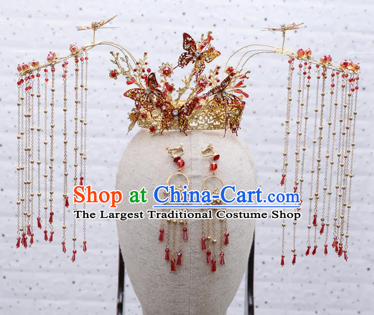 Traditional Handmade Chinese Wedding Red Phoenix Coronet Hairpins Ancient Bride Hair Accessories for Women