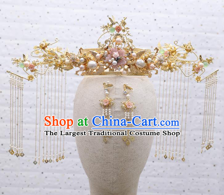 Traditional Chinese Wedding Golden Phoenix Coronet Hairpins Handmade Ancient Bride Hair Accessories for Women