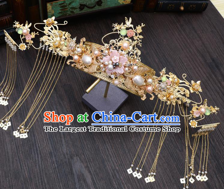 Traditional Chinese Wedding Golden Phoenix Coronet Hairpins Handmade Ancient Bride Hair Accessories for Women