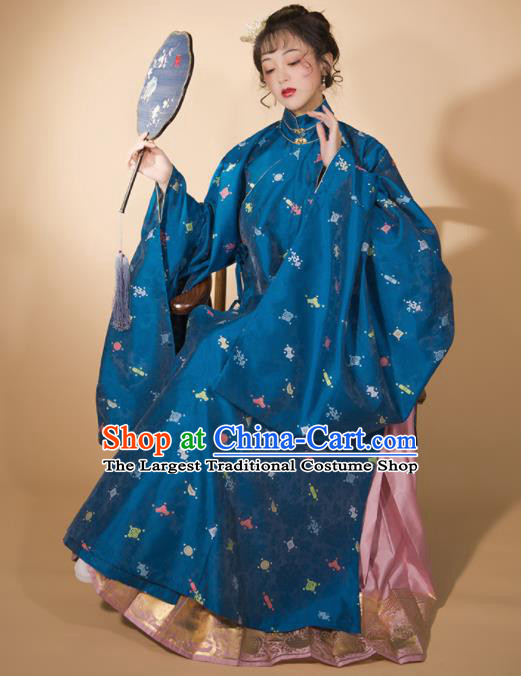 Traditional Chinese Ming Dynasty Blue Blouse and Pink Skirt Ancient Royal Infanta Historical Costumes for Women
