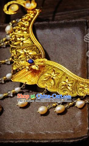 Chinese Traditional Tang Dynasty Golden Lotus Pearls Necklace Handmade Ancient Princess Necklet Accessories for Women
