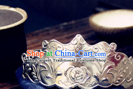 Chinese Traditional Ming Dynasty Princess Argent Hair Crown Hairpins Handmade Ancient Royal Empress Hair Accessories for Women