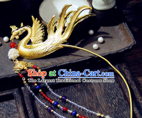 Chinese Traditional Ming Dynasty Princess Golden Phoenix Tassel Hairpins Handmade Ancient Royal Empress Hair Accessories for Women