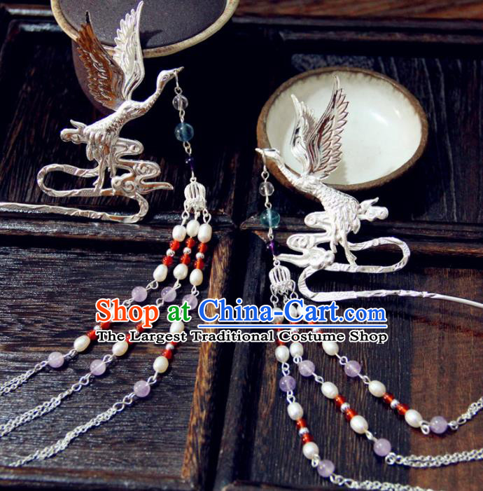 Chinese Traditional Ming Dynasty Crane Tassel Hairpins Handmade Ancient Royal Princess Hair Accessories for Women