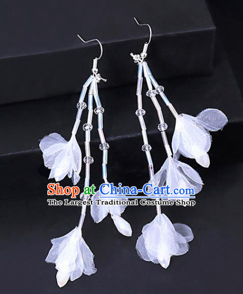 Chinese Traditional Wedding White Silk Flowers Earrings Handmade Ancient Bride Ear Accessories for Women