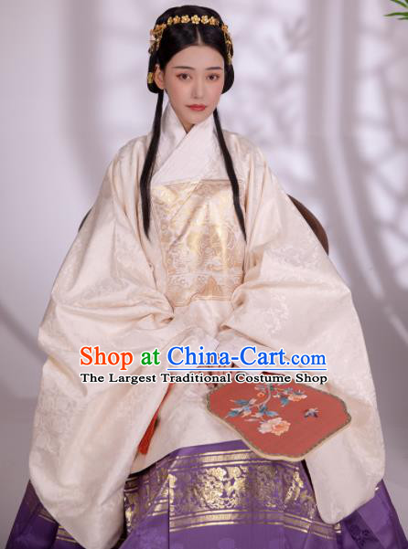 Traditional Chinese Ancient Patrician Female White Silk Blouse and Skirt Ming Dynasty Royal Infanta Historical Costumes for Women