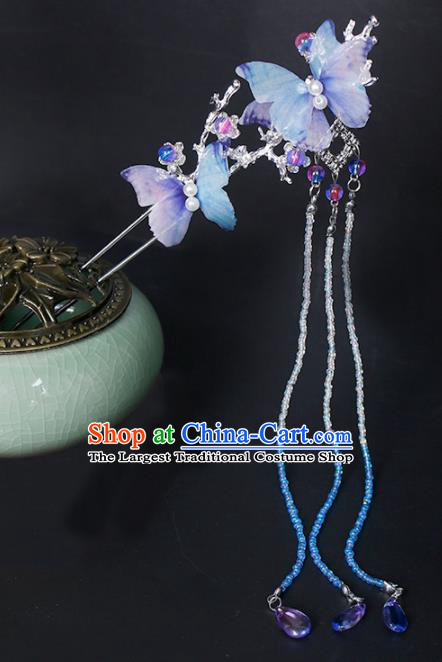 Traditional Chinese Hanfu Blue Butterfly Hairpin Handmade Ancient Princess Hair Accessories for Women