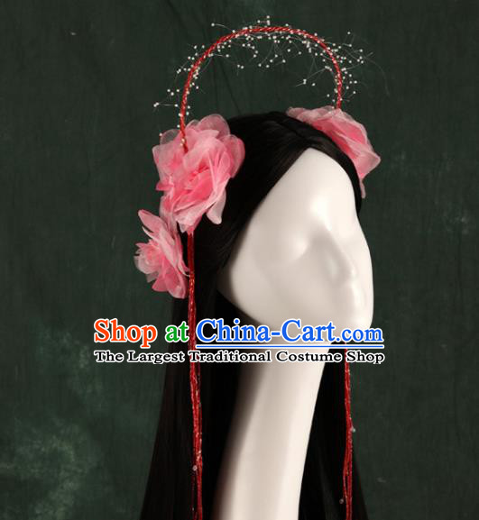 Traditional Chinese Song Dynasty Princess Wigs and Pink Hairpins Ancient Seven Fairies Hair Accessories for Women