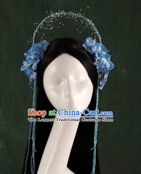 Traditional Chinese Song Dynasty Princess Wigs and Blue Flowers Hairpins Ancient Seven Fairies Hair Accessories for Women