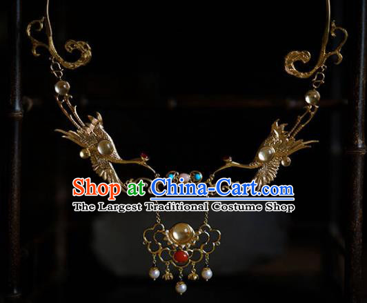 Traditional Chinese Hanfu Golden Crane Necklace Handmade Ancient Princess Necklet Accessories for Women