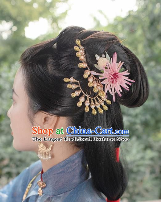 Chinese Traditional Ming Dynasty Queen Pink Chrysanthemum Hairpin Hairpins Ancient Empress Hair Accessories for Women