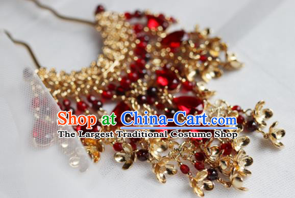 Traditional Chinese Ming Dynasty Princess Red Crystal Tassel Hairpins Ancient Court Queen Hair Accessories for Women