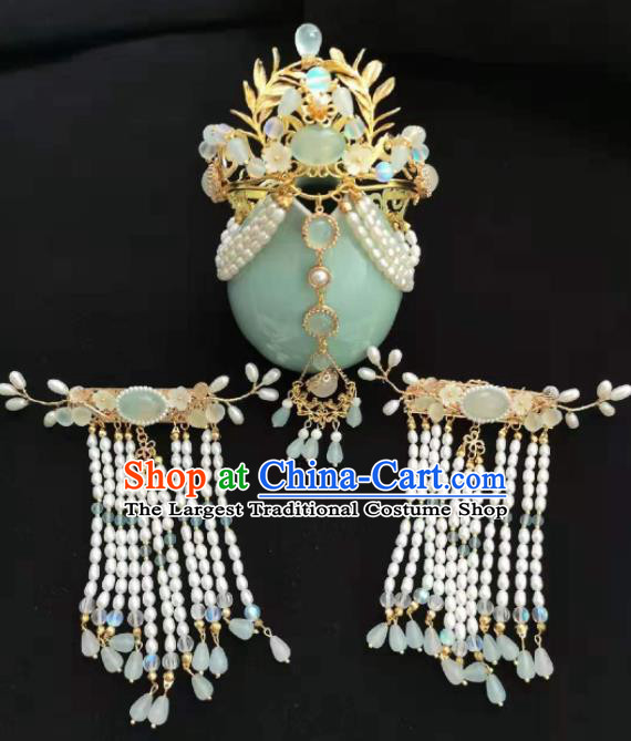 Traditional Chinese Ming Dynasty Pearls Hair Comb Tassel Hairpins Ancient Court Queen Hair Accessories for Women