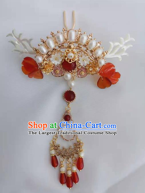 Traditional Chinese Ming Dynasty Agate Tassel Hairpins Ancient Court Queen Hair Accessories for Women