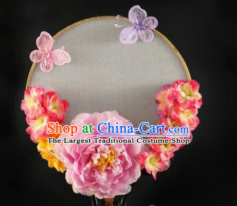 Traditional Chinese Hanfu Pink Peony Palace Fan Handmade Ancient Princess Wedding Fans for Women