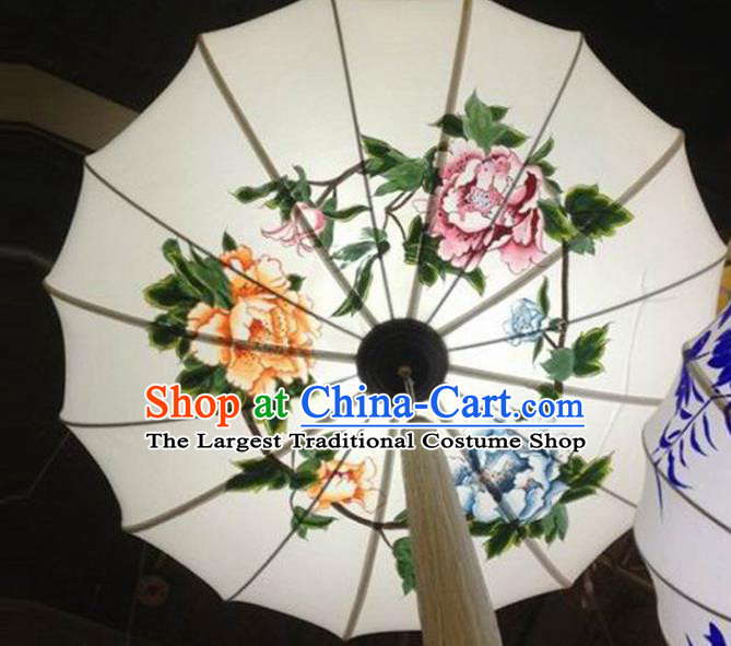 Chinese Traditional Printing Peony Hanging Lantern Handmade New Year Lamp White Cloth Palace Lanterns