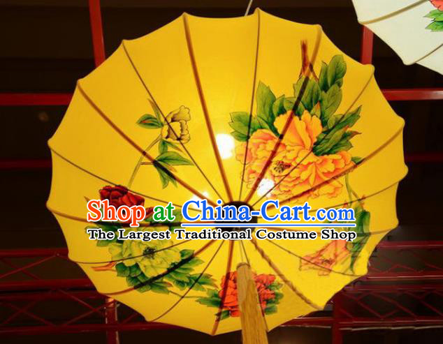 Chinese Traditional Printing Peony Yellow Hanging Lantern Handmade New Year Lamp Cloth Palace Lanterns