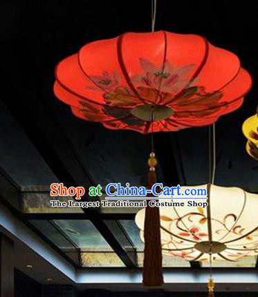 Chinese Traditional Printing Lotus Red Hanging Lantern Handmade New Year Lamp Cloth Palace Lanterns