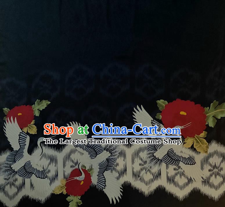 Chinese Traditional Crane Camellia Pattern Black Silk Fabric Mulberry Silk Fabric Hanfu Dress Material