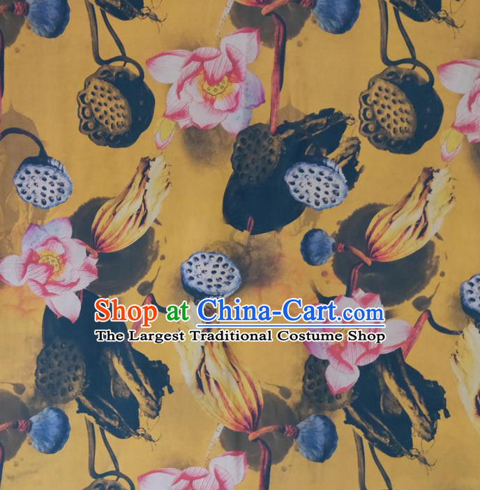 Chinese Traditional Lotus Pattern Yellow Silk Fabric Mulberry Silk Fabric Hanfu Dress Material