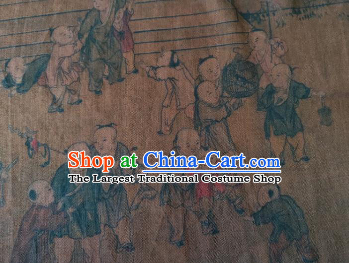 Chinese Traditional Boys Pattern Brown Silk Fabric Mulberry Silk Fabric Hanfu Dress Material