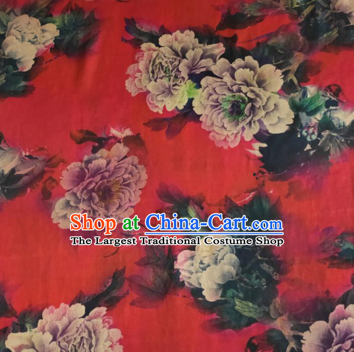 Chinese Traditional Peony Pattern Red Silk Fabric Mulberry Silk Fabric Hanfu Dress Material